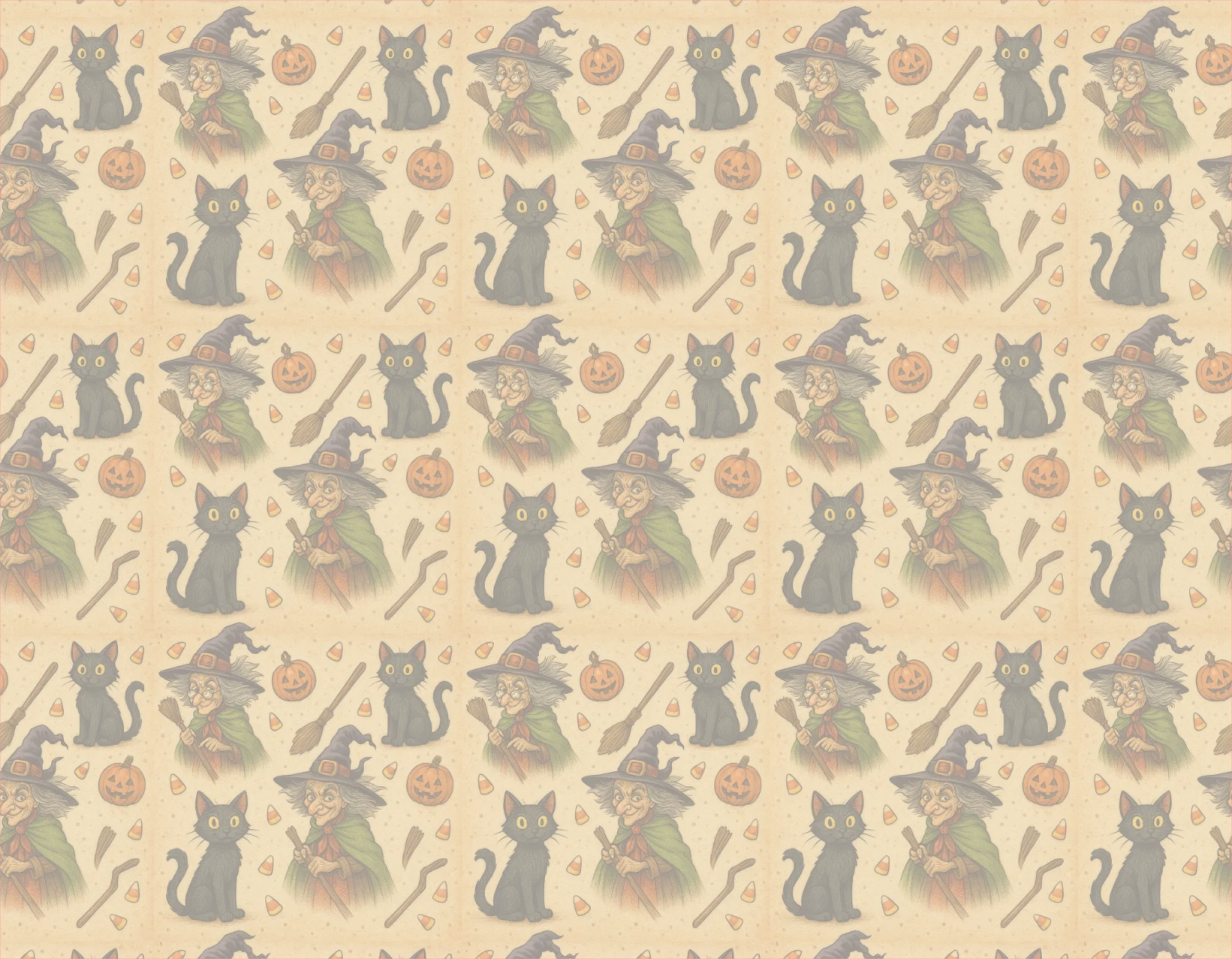 Pattern of cats in witch costumes and brooms on a beige background