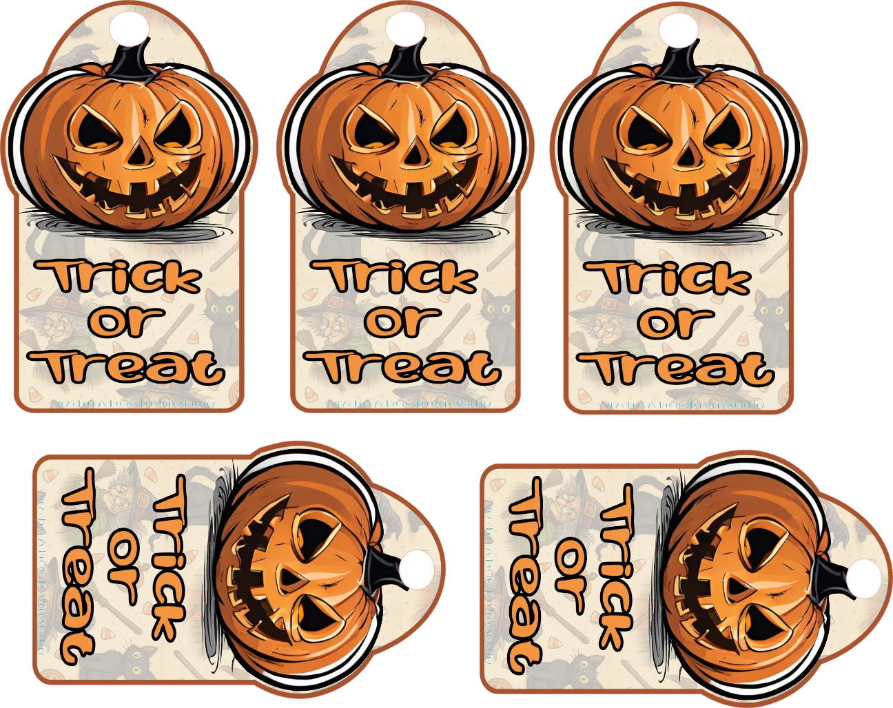 Set of six Halloween gift tags with jack-o'-lanterns and 'Trick or Treat' text on a white background.