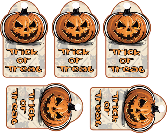 Set of six Halloween gift tags with jack-o'-lanterns and 'Trick or Treat' text on a white background.