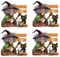 Four identical illustrations of a witch with broom hair, a black cat, and Halloween elements on a white background.