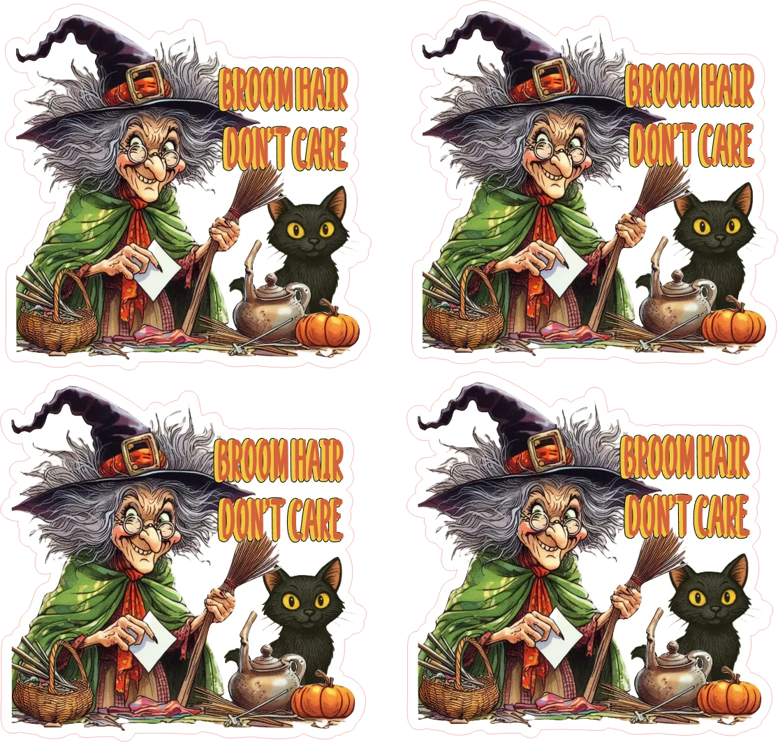 Four identical illustrations of a witch with broom hair, a black cat, and Halloween elements on a white background.