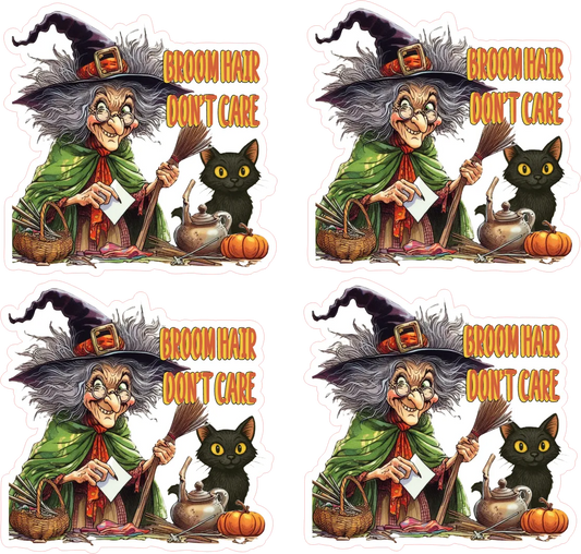 Four identical illustrations of a witch with broom hair, a black cat, and Halloween elements on a white background.
