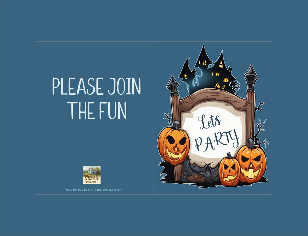Halloween-themed party invitation with pumpkins and a sign on a blue background