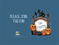 Halloween-themed party invitation with pumpkins and a sign on a blue background