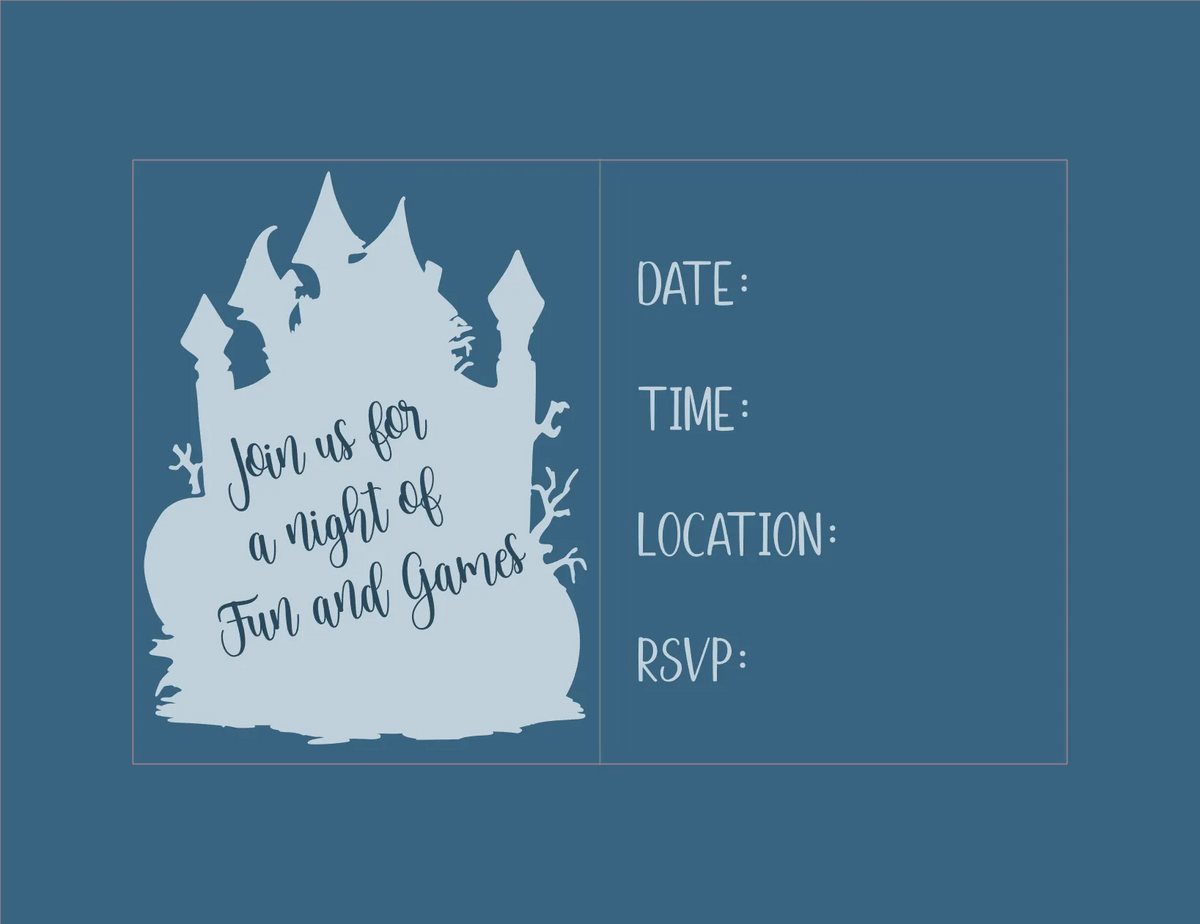 Invitation card with castle design on a blue background