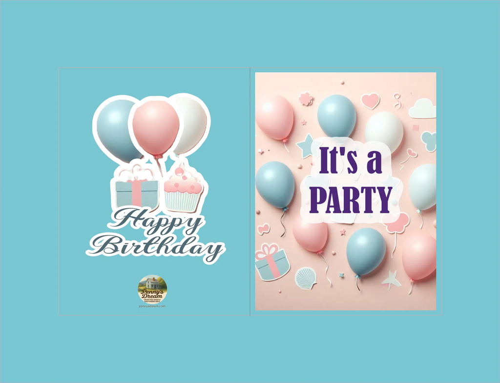 Happy Birthday text with balloons and gifts on a blue background, and 'It's a Party' text with balloons and gifts on a pink background.
