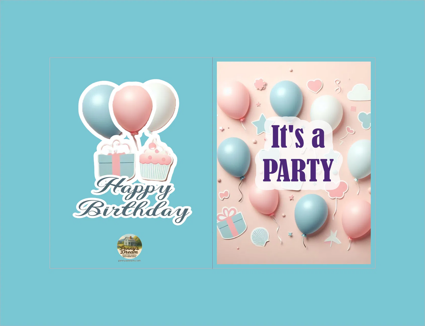 Happy Birthday text with balloons and gifts on a blue background, and 'It's a Party' text with balloons and gifts on a pink background.