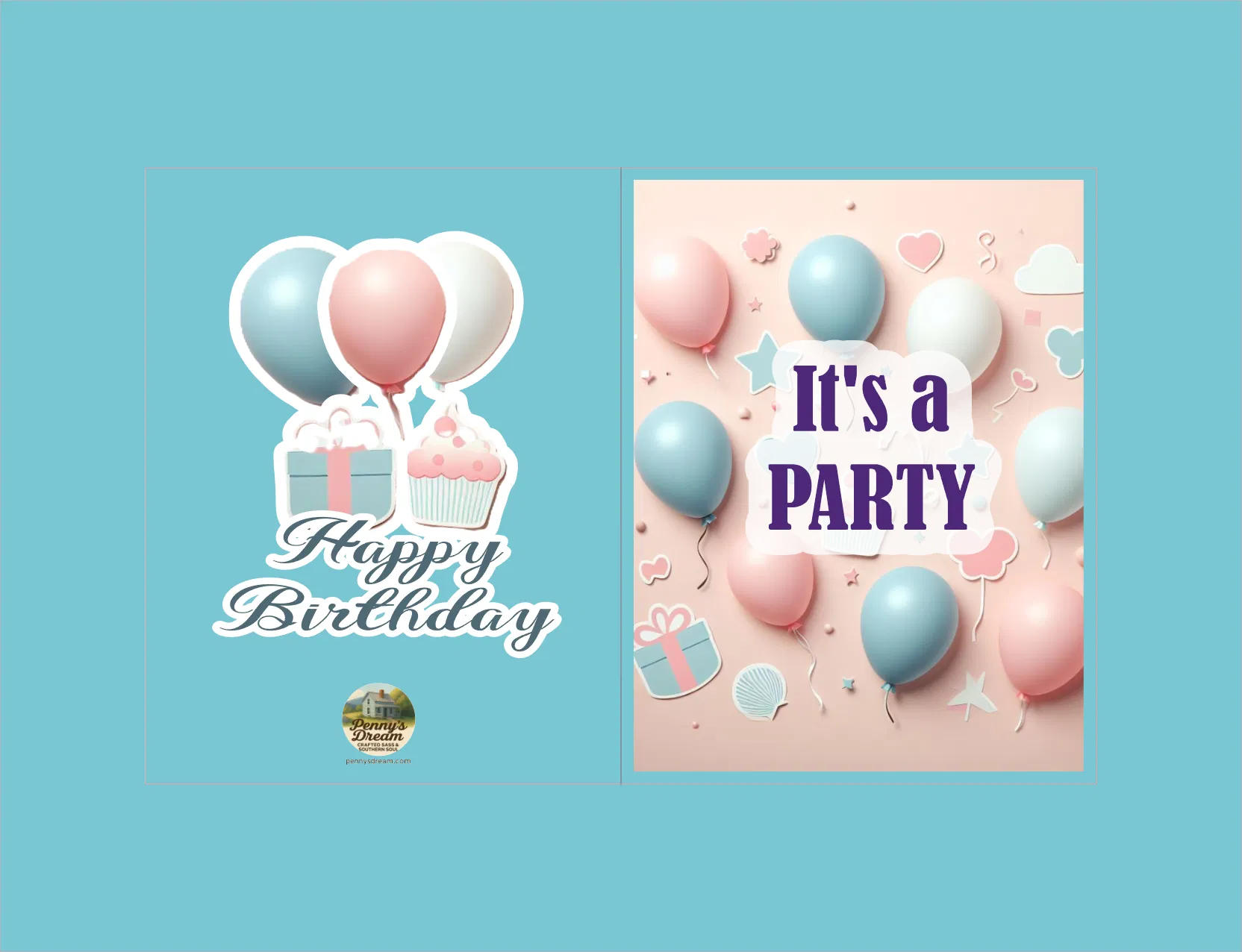 Happy Birthday text with balloons and gifts on a blue background, and 'It's a Party' text with balloons and gifts on a pink background.