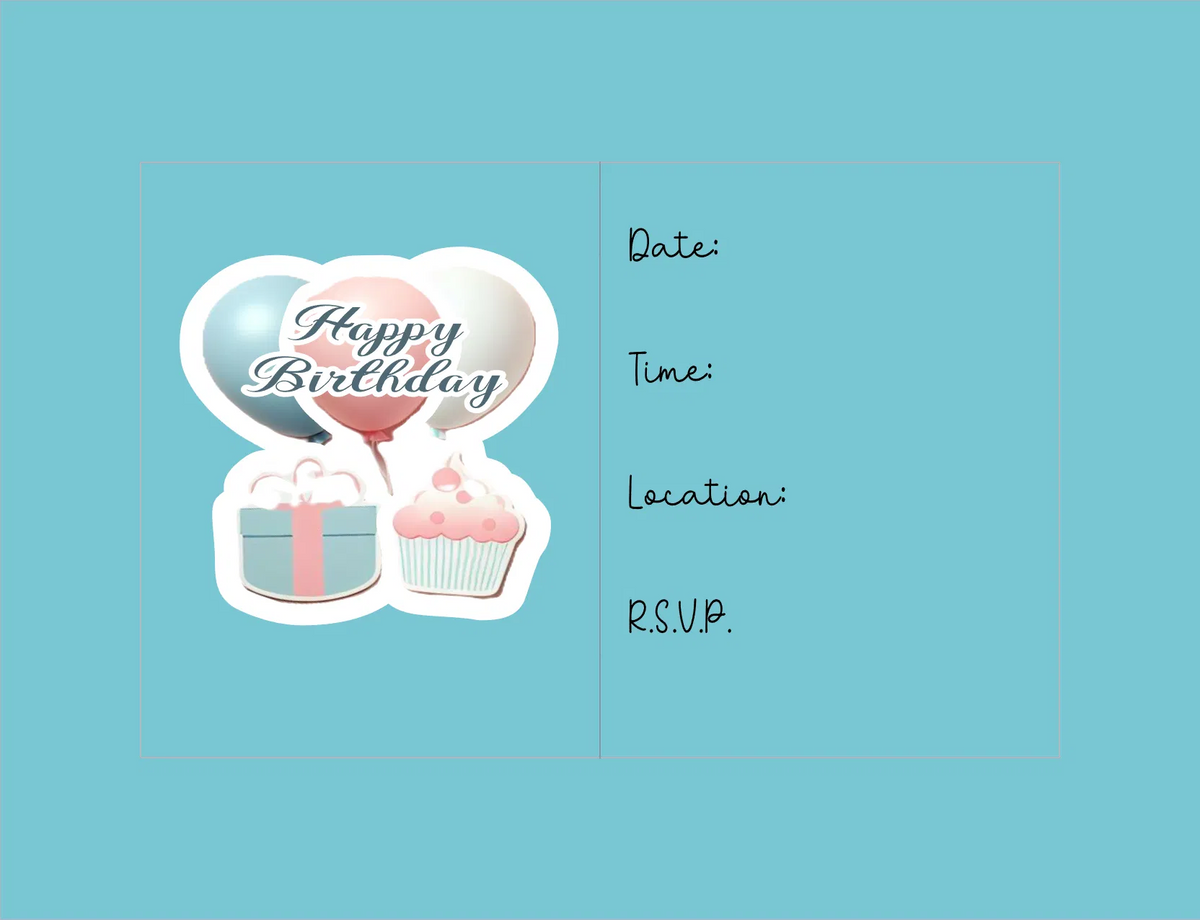 Birthday invitation card with balloons and a gift on a blue background