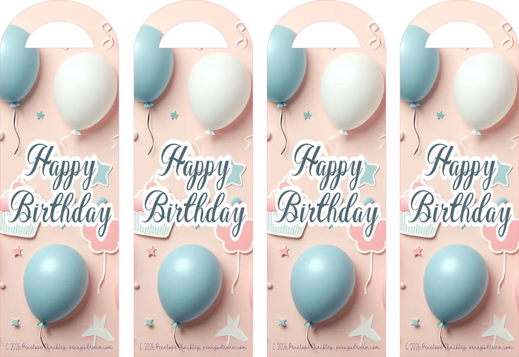 Four identical 'Happy Birthday' door hangers with blue and white balloons on a pink background.