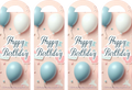 Four identical 'Happy Birthday' door hangers with blue and white balloons on a pink background.