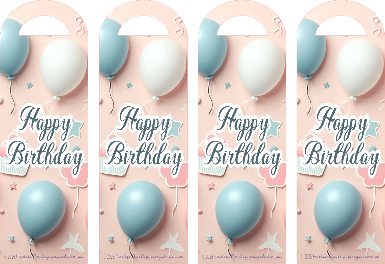 Four identical 'Happy Birthday' door hangers with blue and white balloons on a pink background.