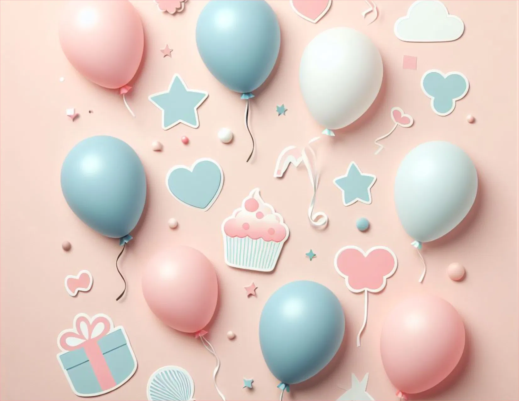 Colorful balloons, stars, hearts, and a cupcake on a pink background