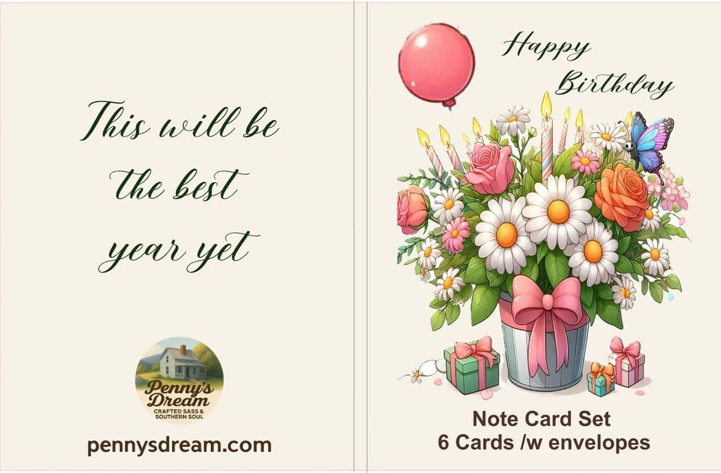 Birthday card with flowers, balloons, and candles on a white background