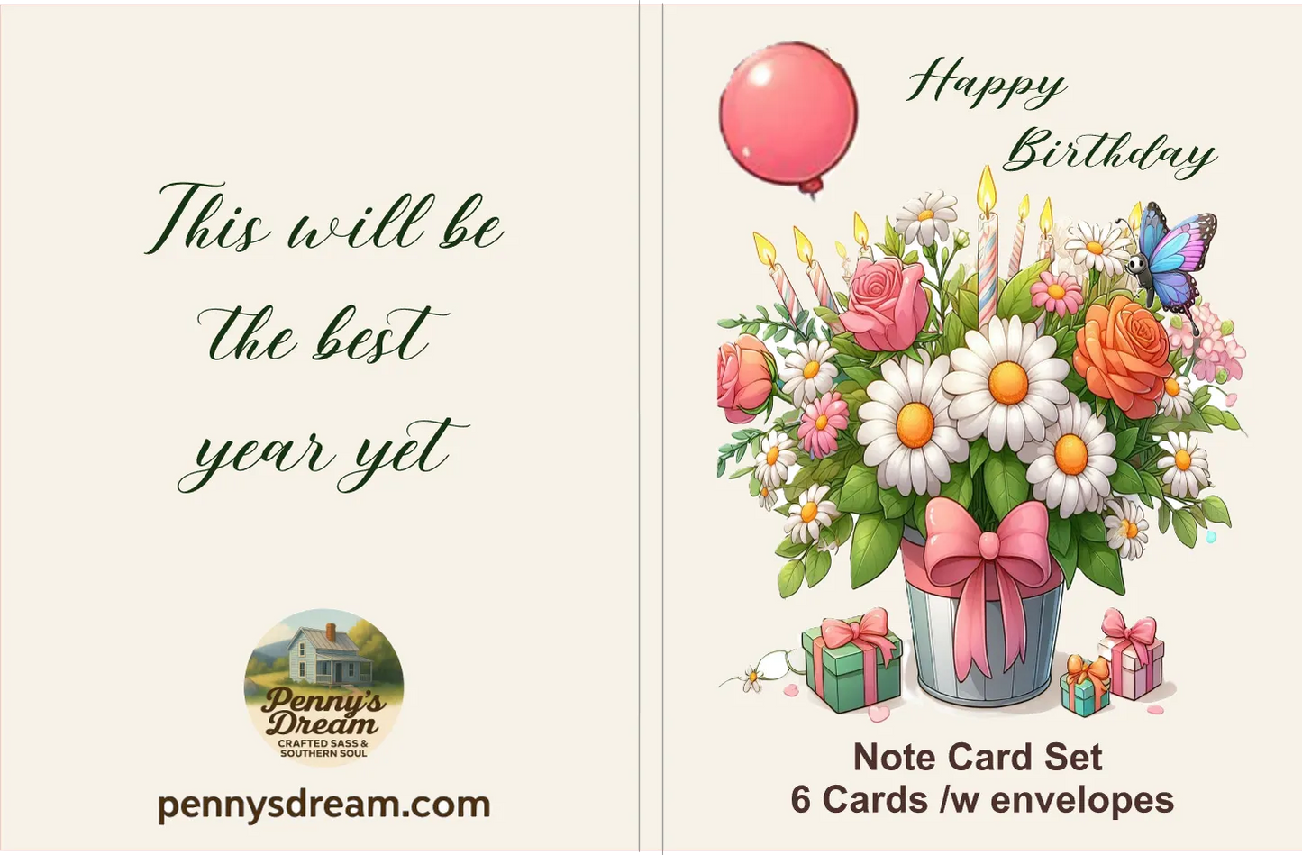 Birthday card with flowers, balloons, and candles on a white background
