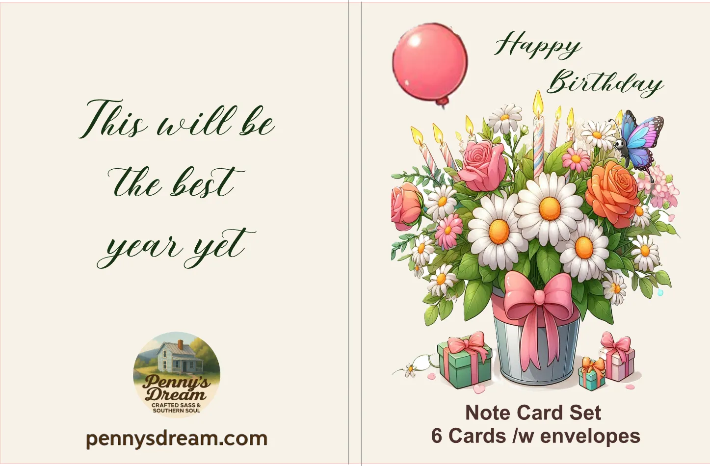 Birthday card with flowers, balloons, and candles on a white background