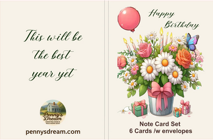 Birthday card with flowers, balloons, and candles on a white background