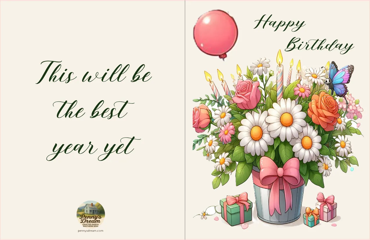 Birthday card with flowers, candles, and balloons on a light pink background