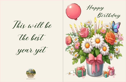 Birthday card with flowers, candles, and balloons on a light pink background