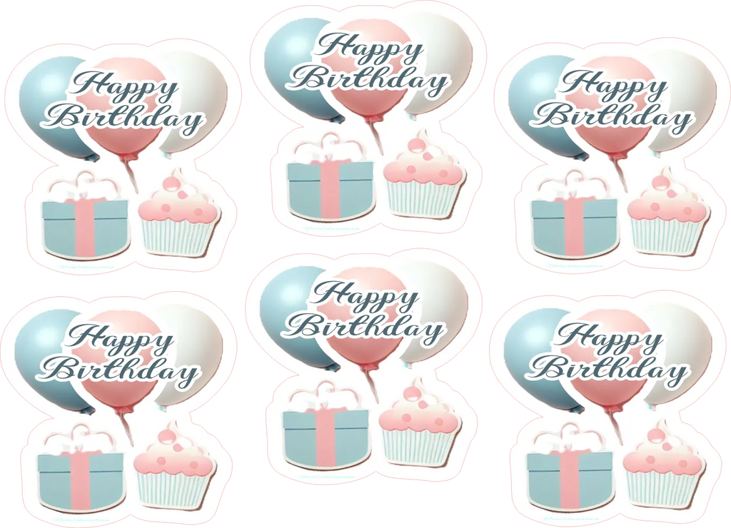 Decorative balloons with 'Happy Birthday' text, gift boxes, and cupcakes on a white background.