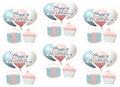 Decorative balloons with 'Happy Birthday' text, gift boxes, and cupcakes on a white background.