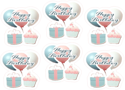 Decorative balloons with 'Happy Birthday' text, gift boxes, and cupcakes on a white background.