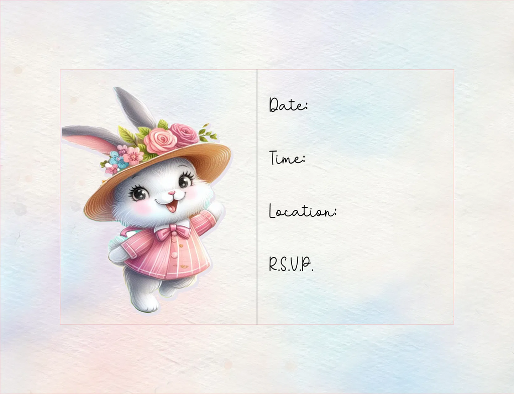 Invitation card with a cute cartoon bunny wearing a hat on a pastel gradient background.