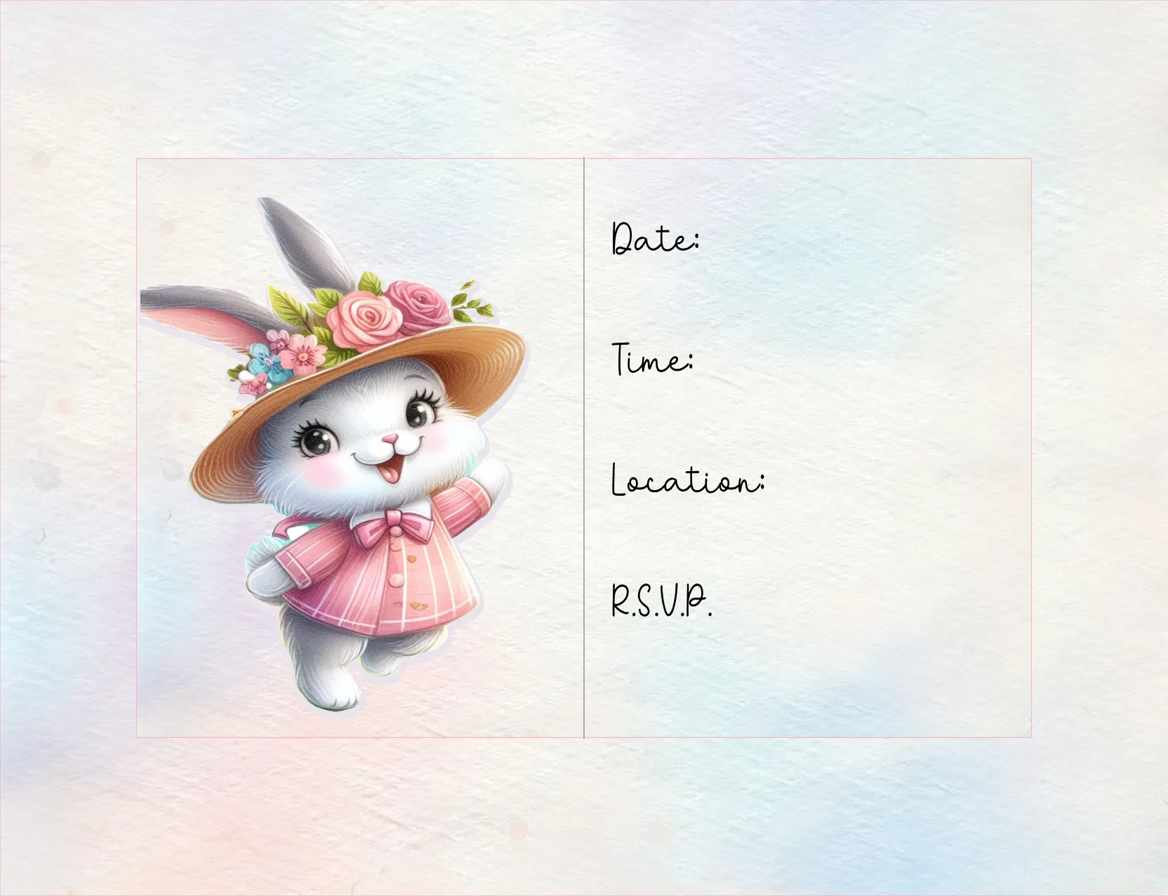 Invitation card with a cute cartoon bunny wearing a hat on a pastel gradient background.