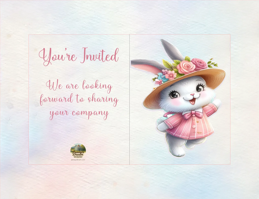 Invitation card with a cartoon rabbit wearing a hat and dress on a light background