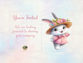 Invitation card with a cartoon rabbit wearing a hat and dress on a light background