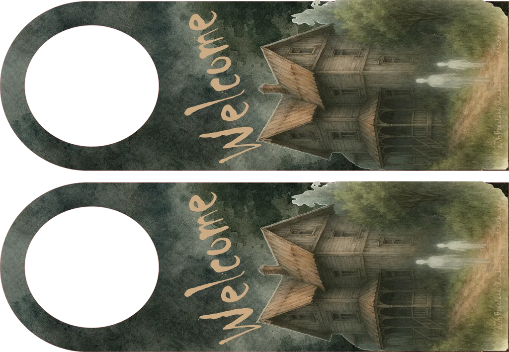 Pair of door hangers with a haunted house design and 'Welcome' text.