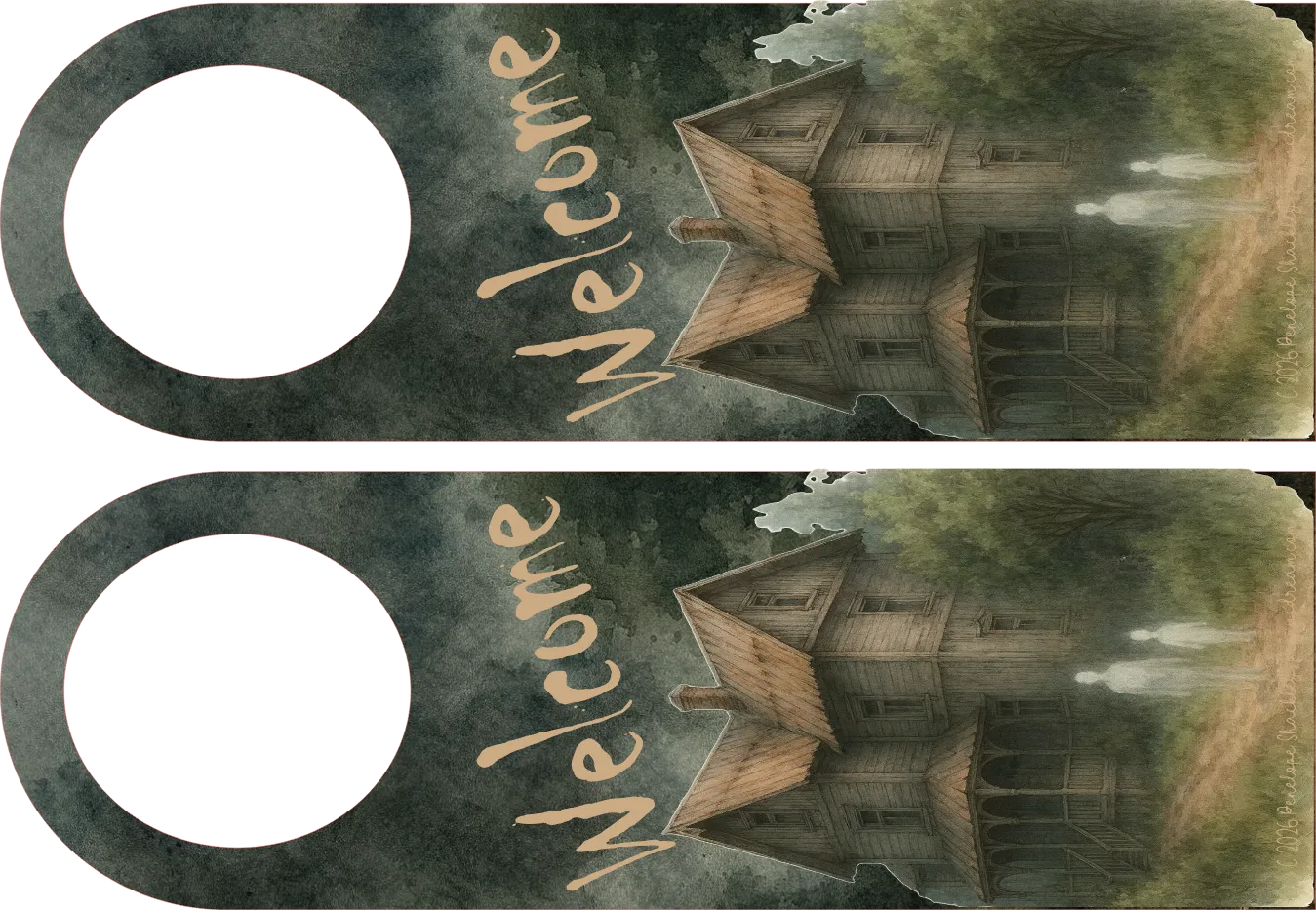 Pair of door hangers with a haunted house design and 'Welcome' text.