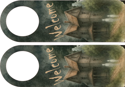 Pair of door hangers with a haunted house design and 'Welcome' text.