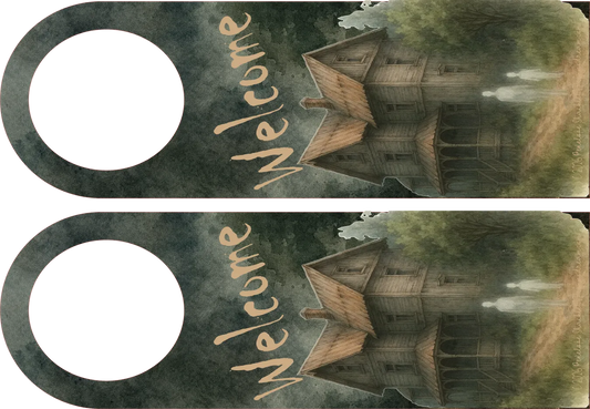 Pair of door hangers with a haunted house design and 'Welcome' text.