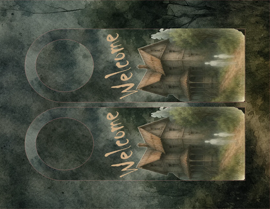 Decorative door hanger with a castle design and 'Welcome' text on a textured background.