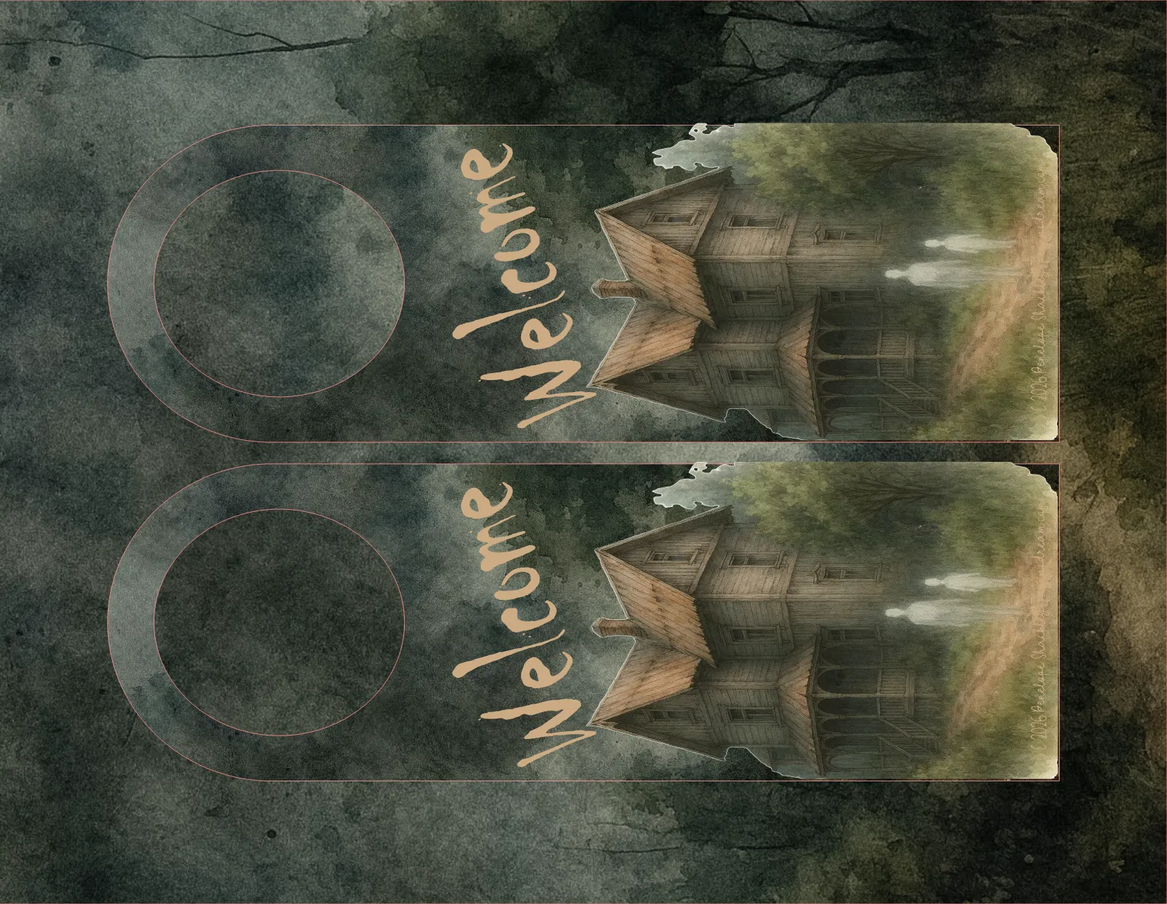 Decorative door hanger with a castle design and 'Welcome' text on a textured background.
