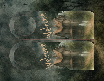 Decorative door hanger with a castle design and 'Welcome' text on a textured background.