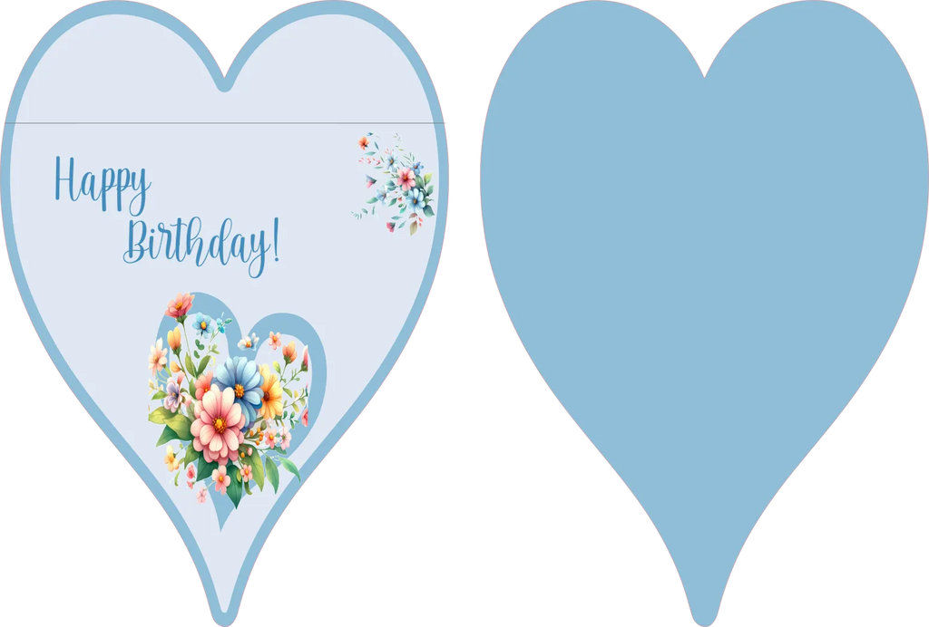Heart-shaped birthday card with floral design and 'Happy Birthday!' text on a light blue background.