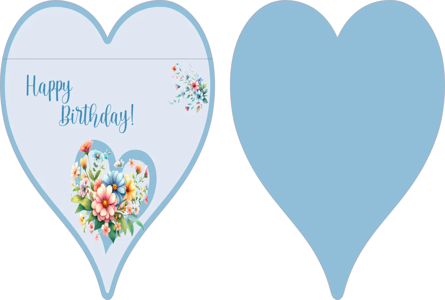 Heart-shaped birthday card with floral design and 'Happy Birthday!' text on a light blue background.