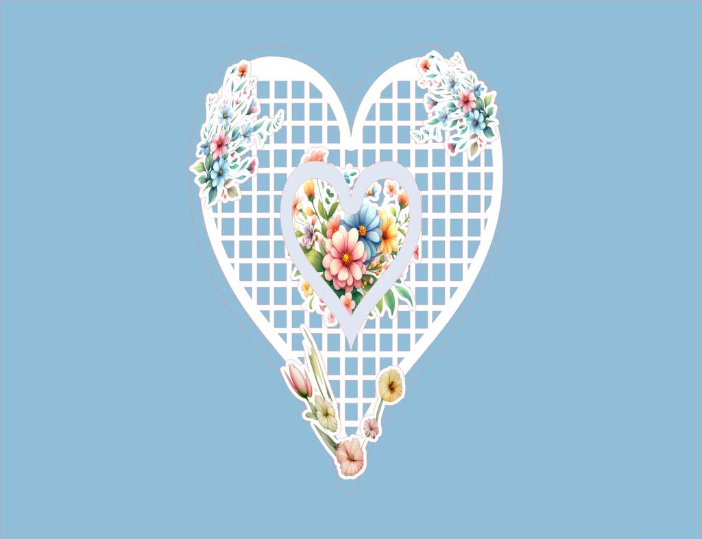 Decorative heart-shaped cutout with floral design on a blue background