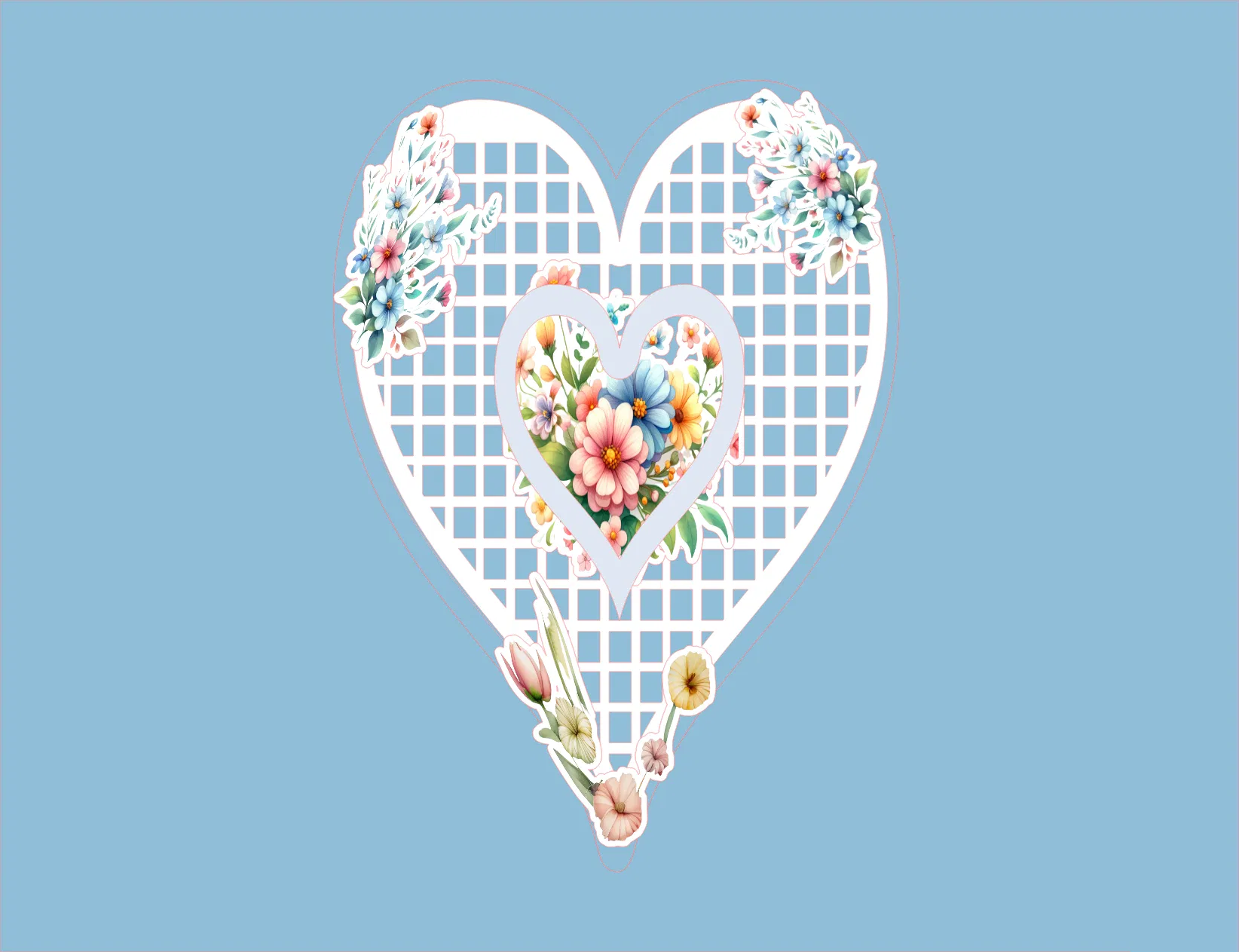 Decorative heart-shaped cutout with floral design on a blue background