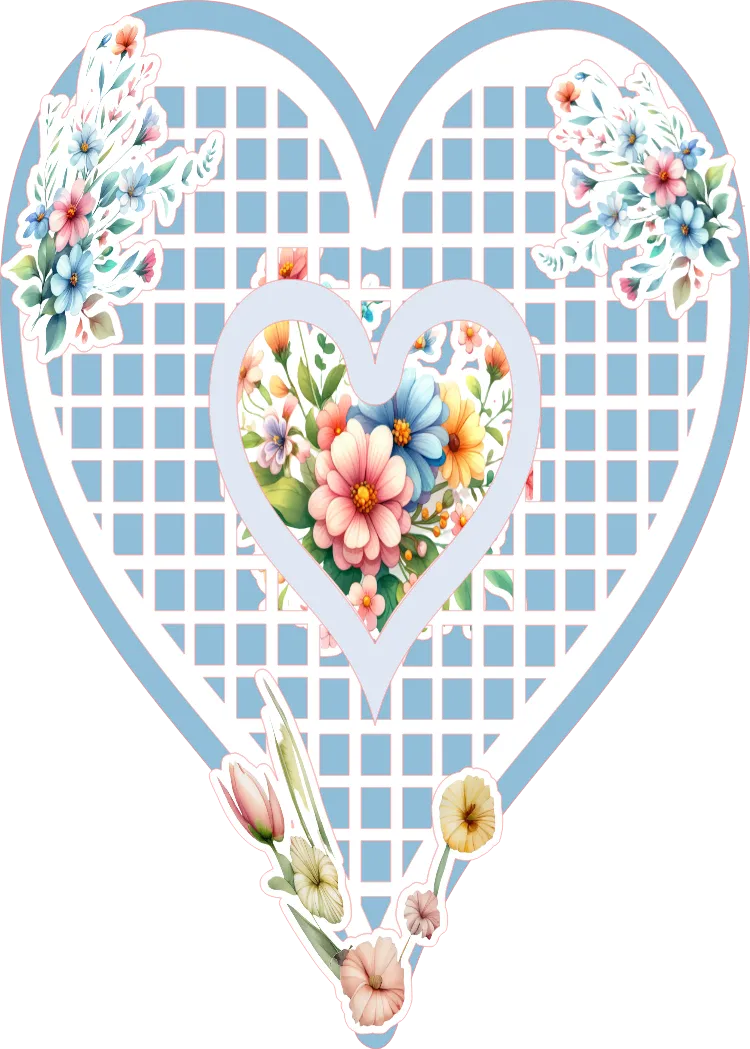 Heart-shaped design with floral elements on a blue lattice background