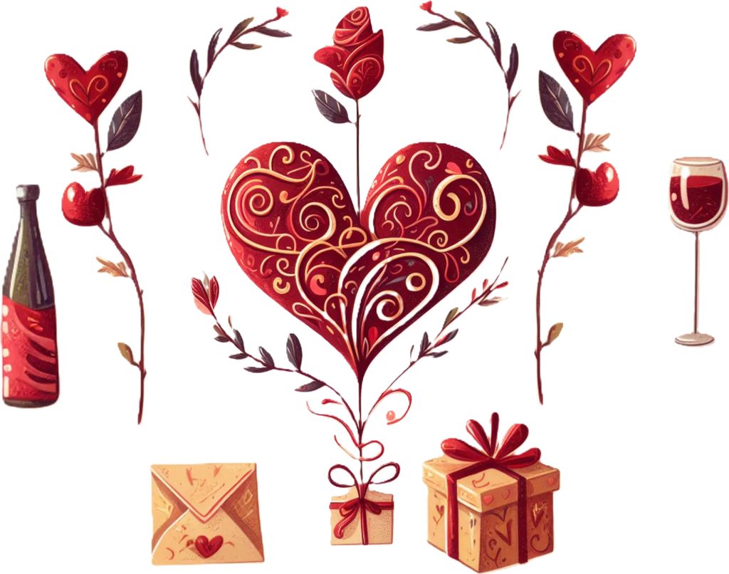 Decorative illustration of a heart with floral elements, a bottle, wine glass, envelope, and gift boxes on a white background.