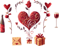 Decorative illustration of a heart with floral elements, a bottle, wine glass, envelope, and gift boxes on a white background.