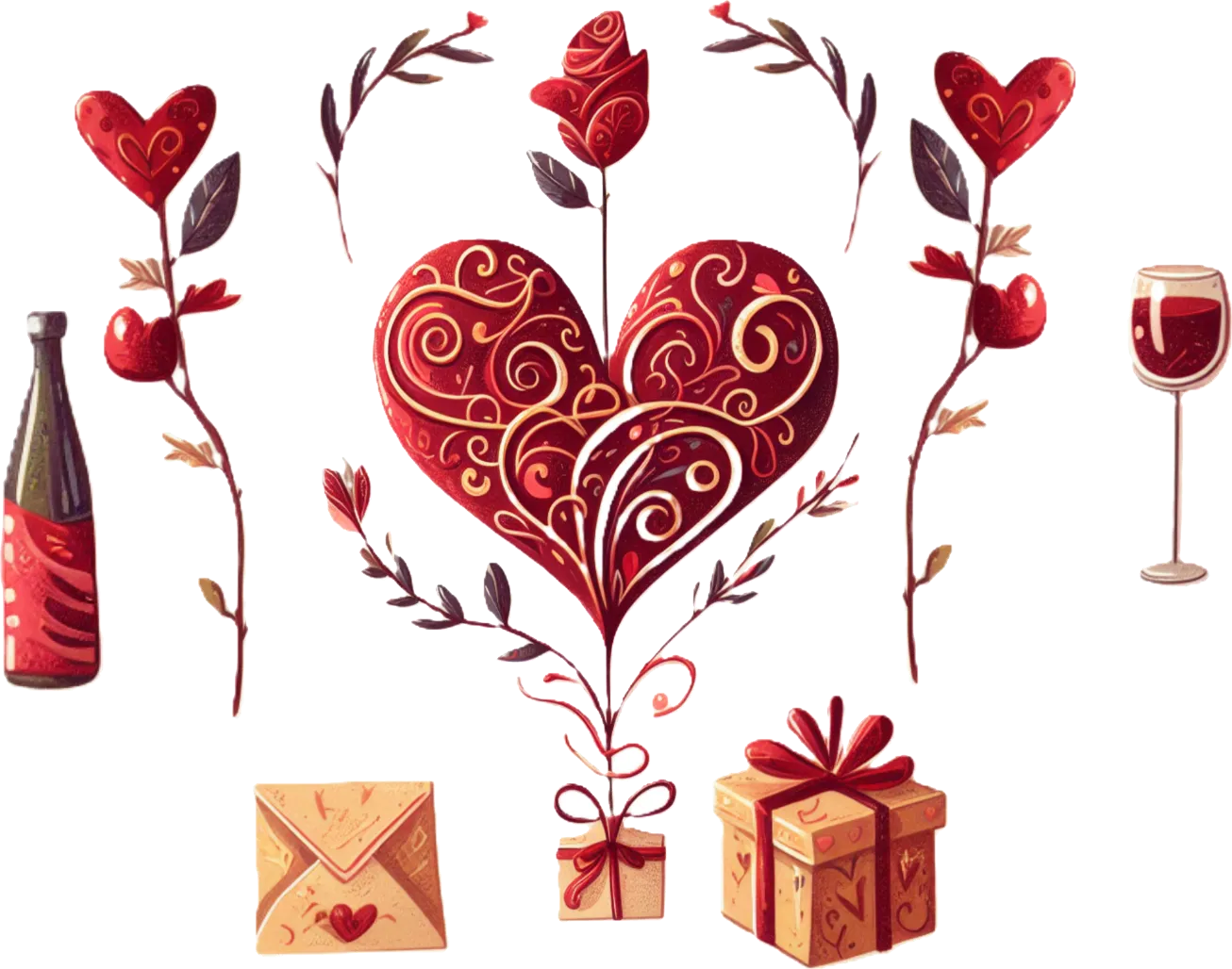 Decorative illustration of a heart with floral elements, a bottle, wine glass, envelope, and gift boxes on a white background.