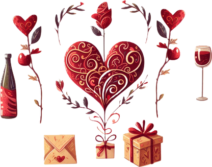 Decorative illustration of a heart with floral elements, a bottle, wine glass, envelope, and gift boxes on a white background.