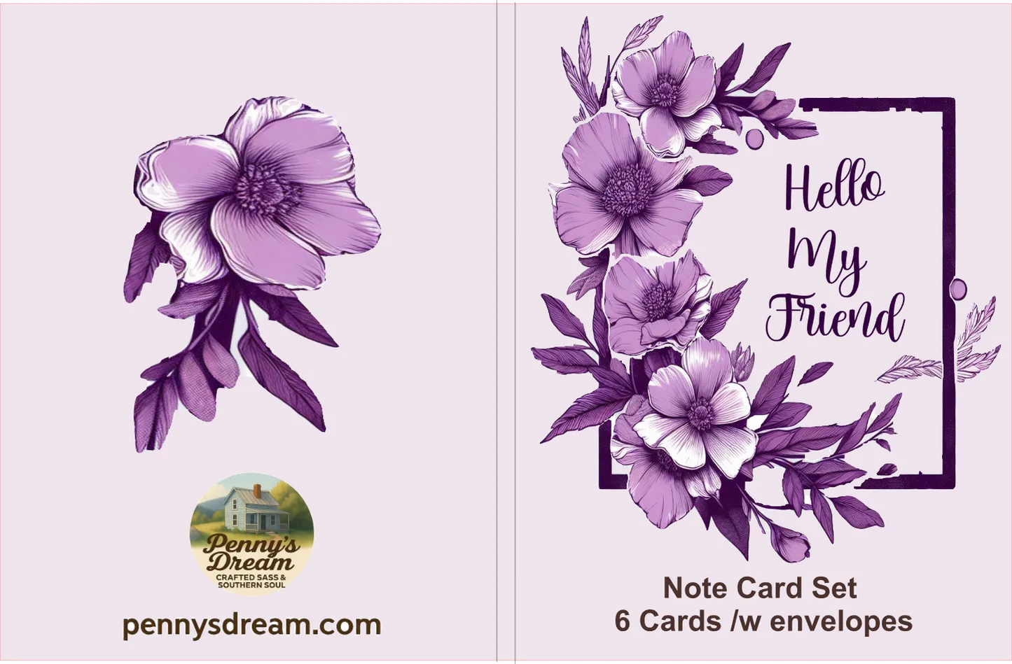 Floral note card set with 'Hello My Friend' text and 'Penny's Dream' branding on a light purple background.