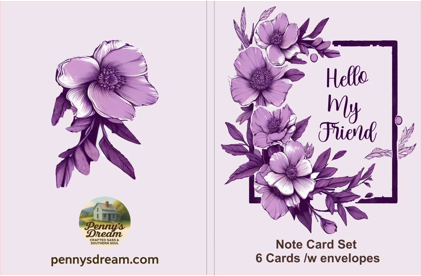 Floral note card set with 'Hello My Friend' text and 'Penny's Dream' branding on a light purple background.