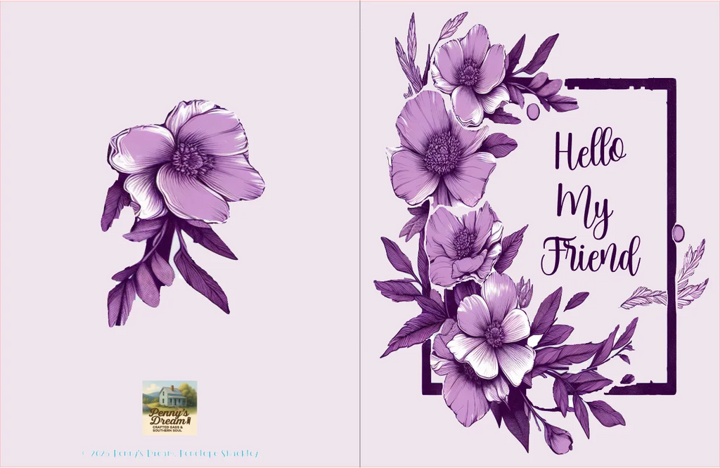 Floral design with 'Hello My Friend' text on a light purple background
