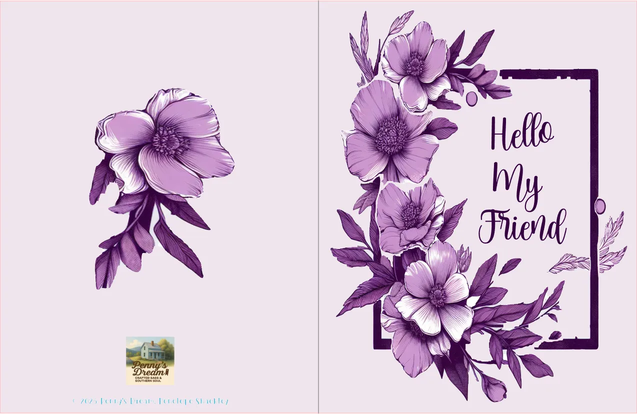 Floral design with 'Hello My Friend' text on a light purple background